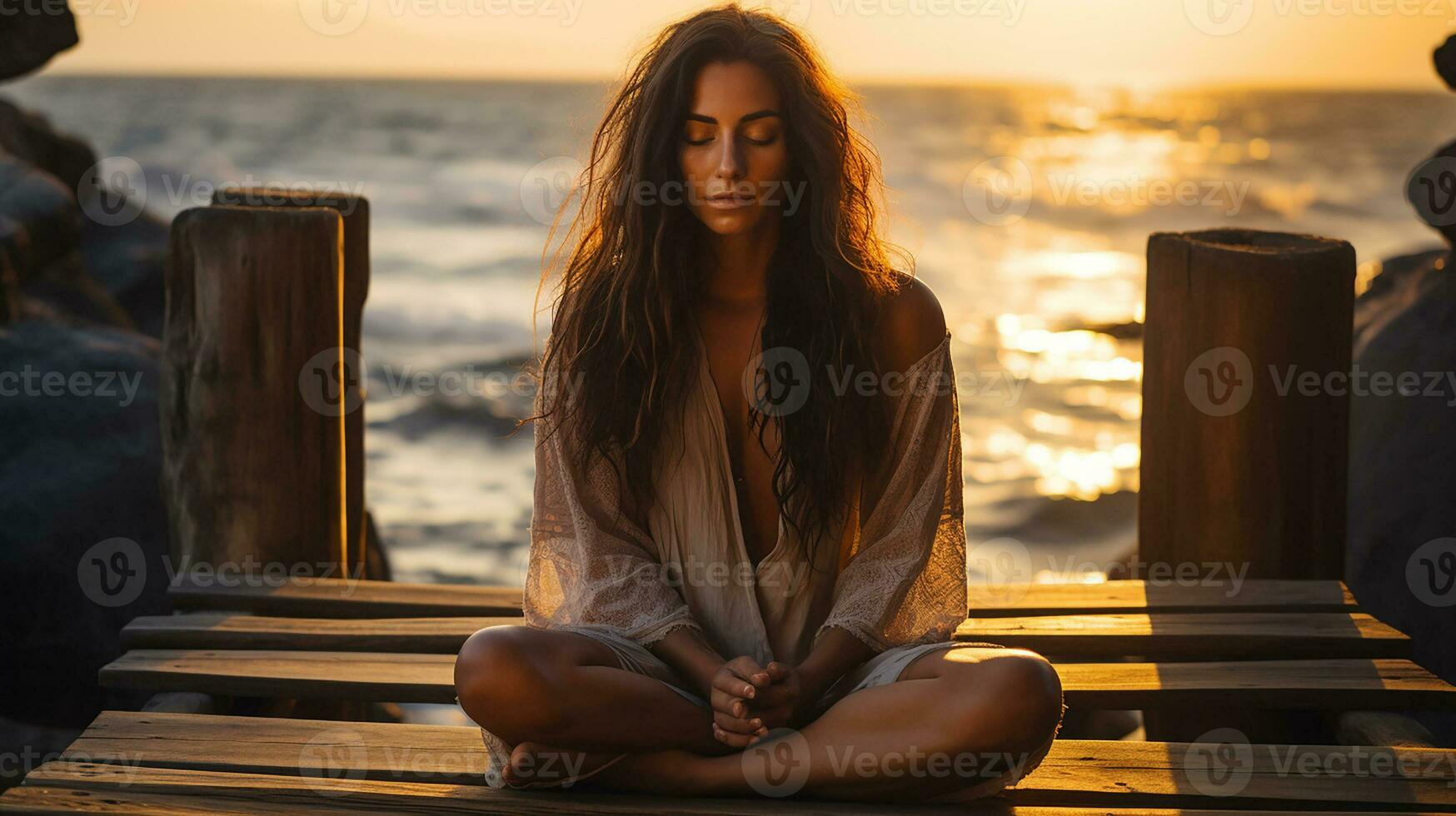 ambicioso serenidad, maravilloso yoga en el playa foto