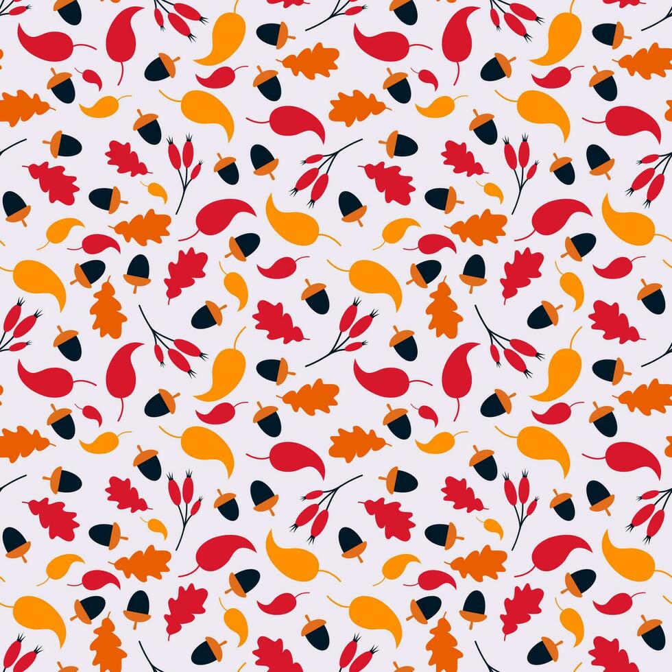 Seamless bright autumn leaves vector pattern. Surface design with small plants, leaves, acorns, berries isolated on a light grey background.