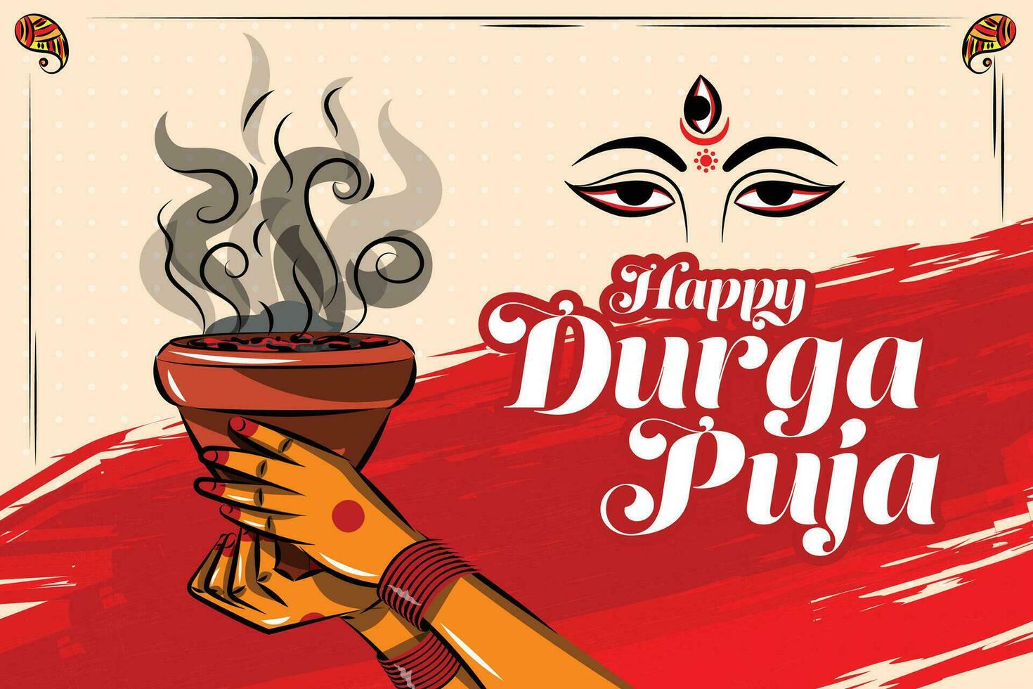 Happy durga puja. female hand holding dhunuchi aarti vector