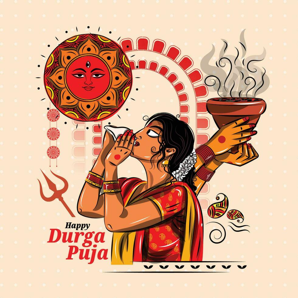 Bengali lady blowing a conch shell during durga puja at a Durga Puja celebrations  Pandal vector