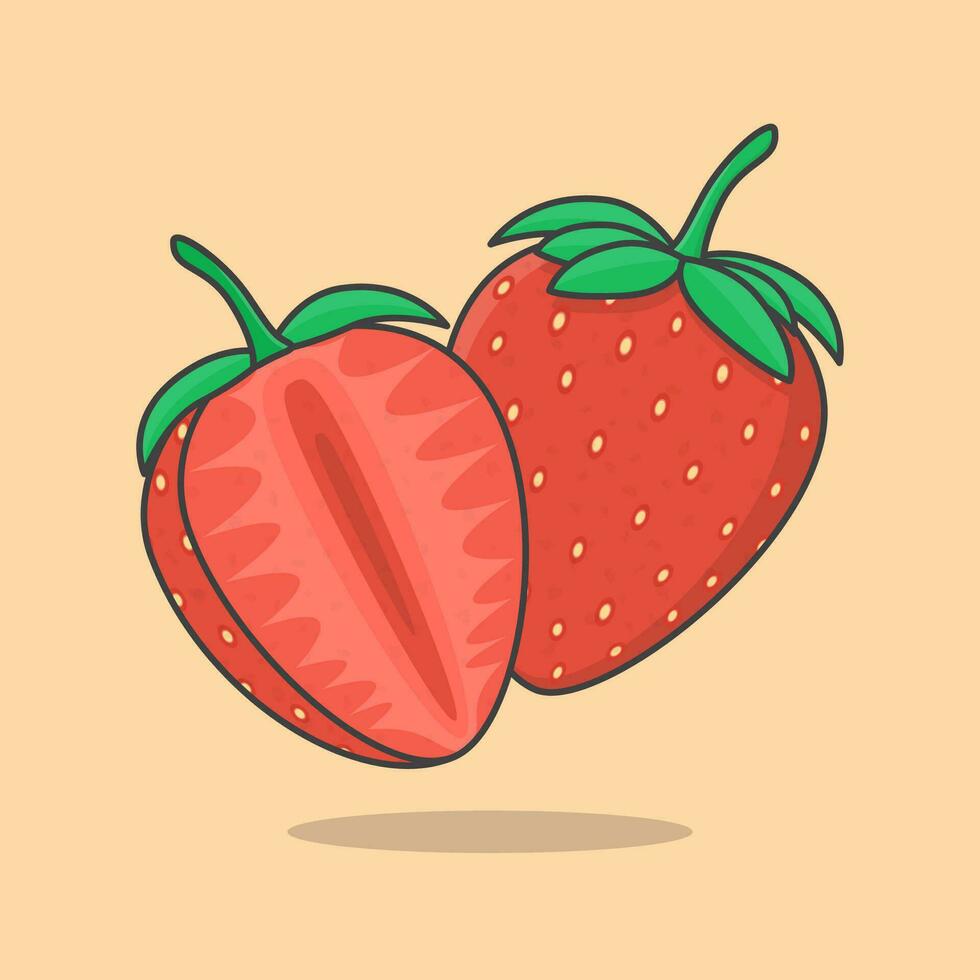 Slice And Whole Of Strawberry Cartoon Vector Illustration. Strawberry Flat Icon Outline