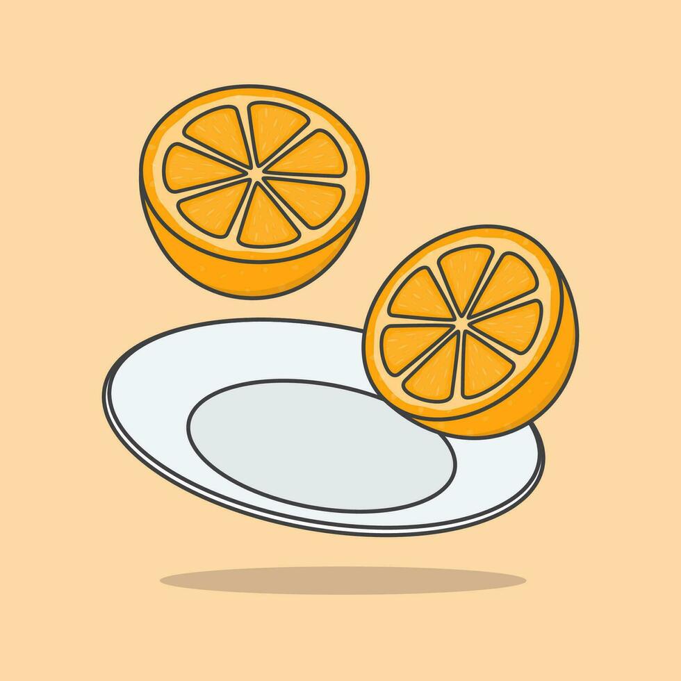 Pieces Of Orange Fruit On A Plate Cartoon Vector Illustration. Orange Fruit Flat Icon Outline