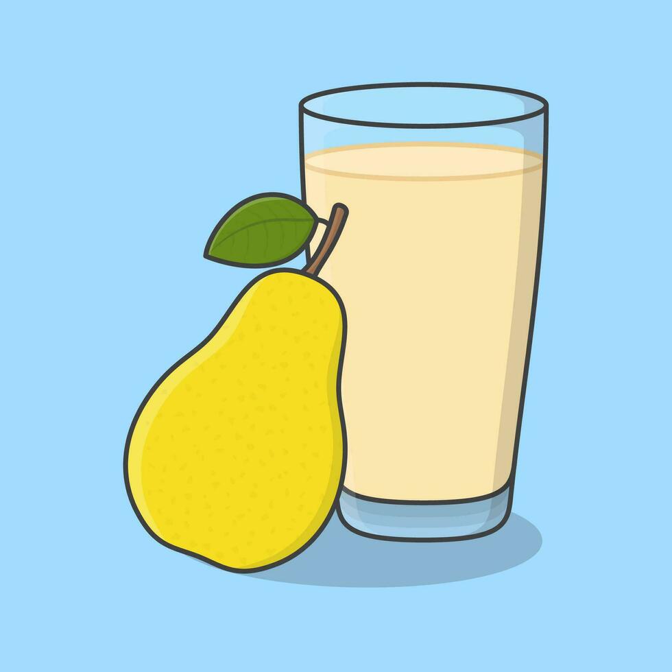 Pear Juice With Fruit In Glass Cartoon Vector Illustration. Fresh Pear Juice Flat Icon Outline