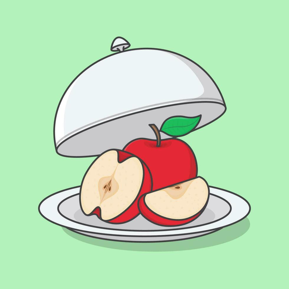Opened Restaurant Cloche With Apple Cartoon Vector Illustration. Fresh Apple Fruit Flat Icon Outline