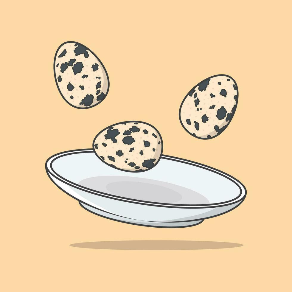 Quail Eggs On A Plate Cartoon Vector Illustration. Flying Chicken Quail Boiled Eggs Food Flat Icon Outline