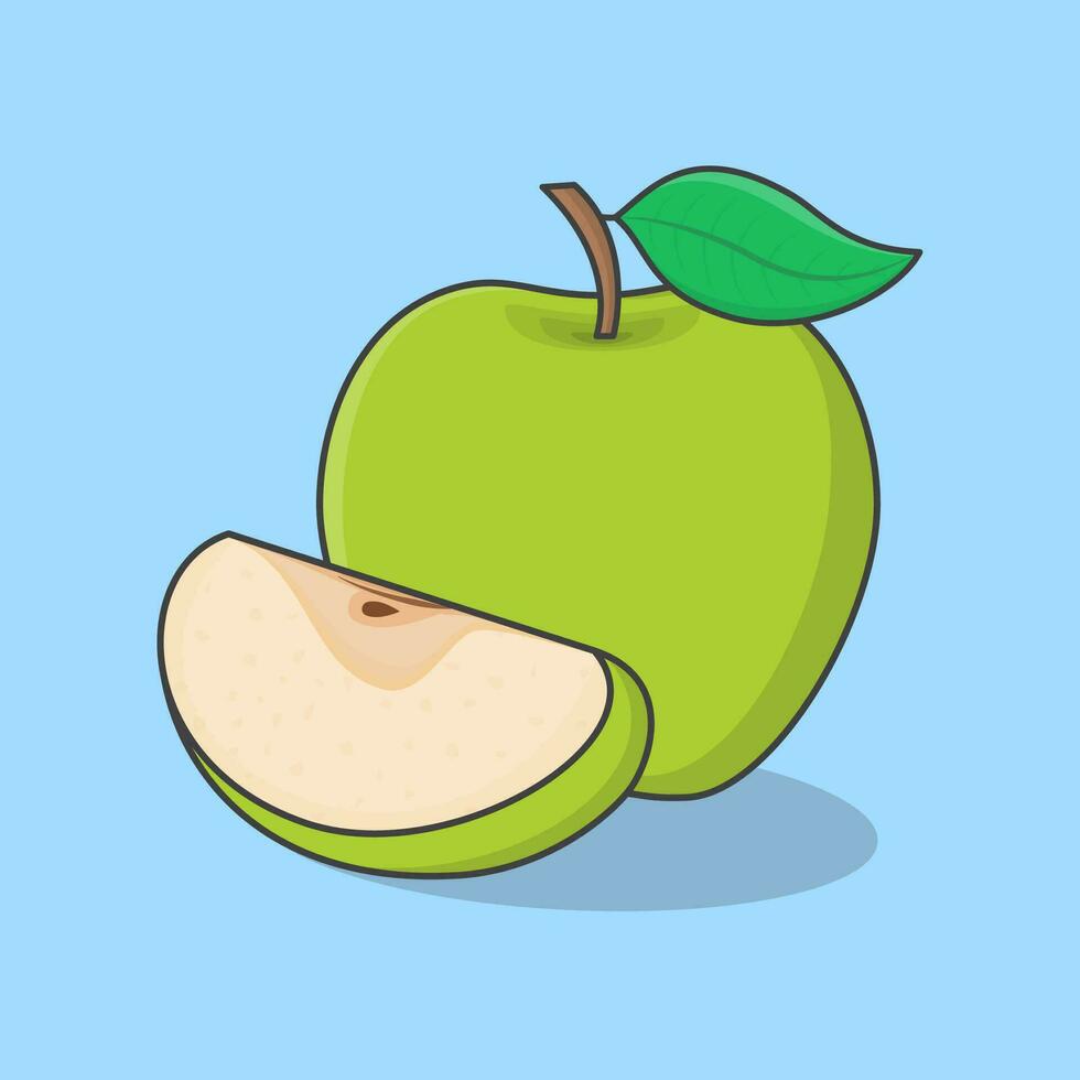 Fresh Green Apple Fruit Cartoon Vector Illustration. Slice And Whole Of Apple Flat Icon Outline
