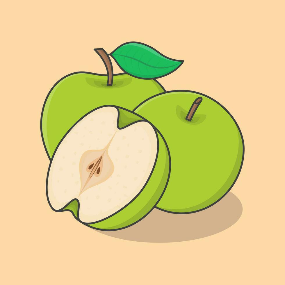 Slice And Whole Of Green Apple Cartoon Vector Illustration. Apple Fruit Flat Icon Outline