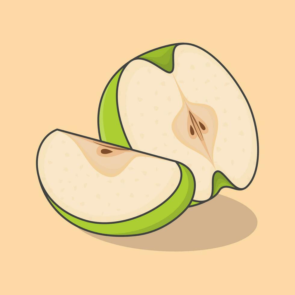 Slice Of Green Apple Cartoon Vector Illustration. Fresh Apple Fruit Flat Icon Outline
