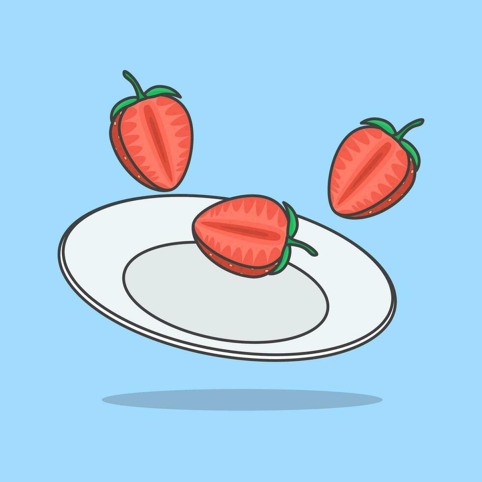 Pieces Of Strawberry Fruit On A Plate Cartoon Vector Illustration. Strawberry Fruit Flat Icon Outline