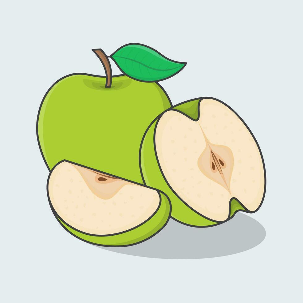 Green Apple Fruit Cartoon Vector Illustration. Slice And Whole Of Apple Flat Icon Outline