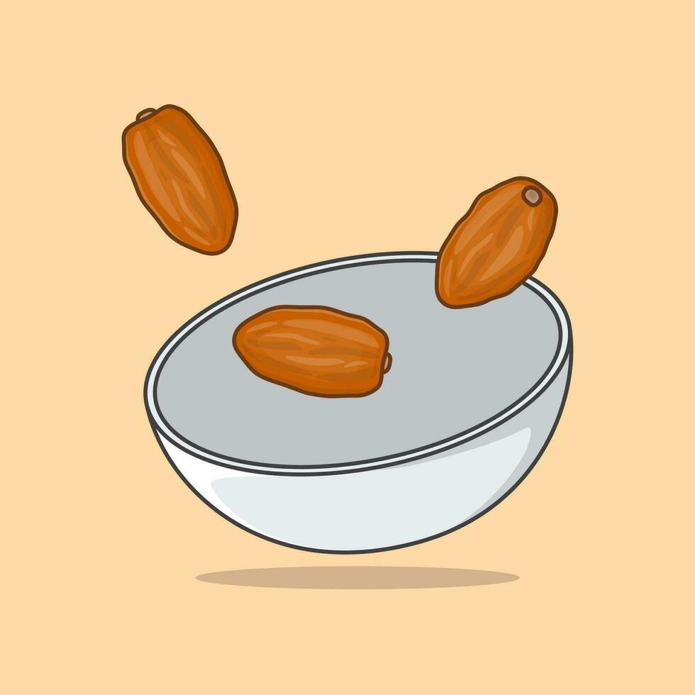Bowl Of Dates Fruits Cartoon Vector Illustration. Dates Fruits Food For Iftar In Ramadan Flat Icon Outline