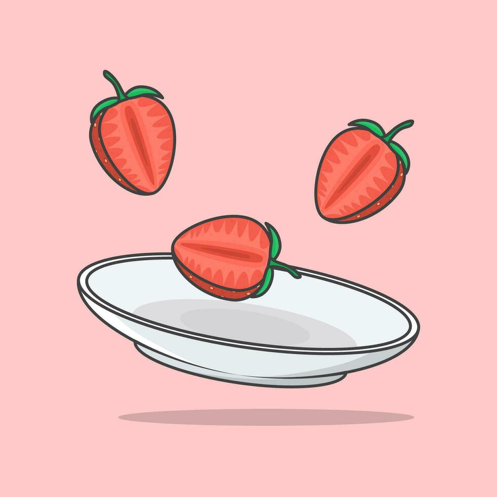 Pieces Of Strawberry On A Plate Cartoon Vector Illustration. Strawberry Fruit Flat Icon Outline