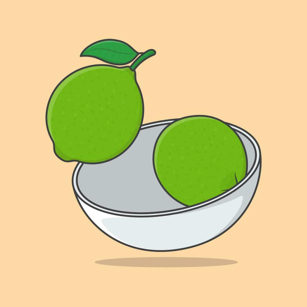 Bowl Of Lime Cartoon Vector Illustration. Lime Fruit Flat Icon Outline