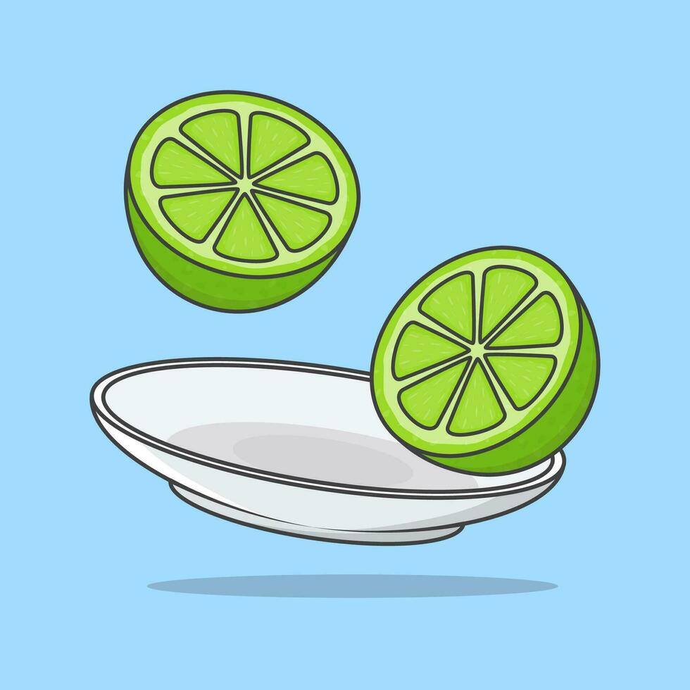 piezas de Lima en un plato dibujos animados vector ilustración. Lima Fruta plano icono contorno