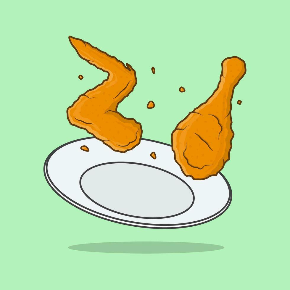 Fried Chicken Crispy On A Plate Cartoon Vector Illustration. Fried Chicken Flat Icon Outline