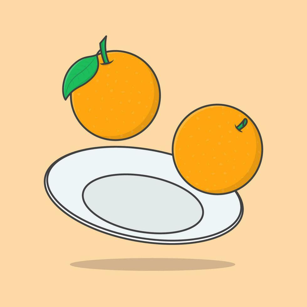 Orange Fruit On A Plate Cartoon Vector Illustration. Orange Fruit Flat Icon Outline