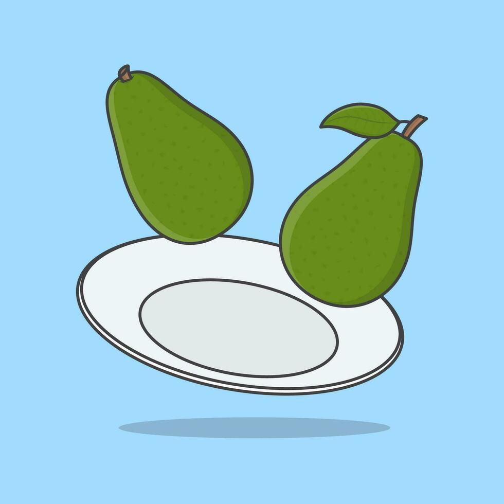 Avocado Fruit On A Plate Cartoon Vector Illustration. Avocado Fruit Flat Icon Outline