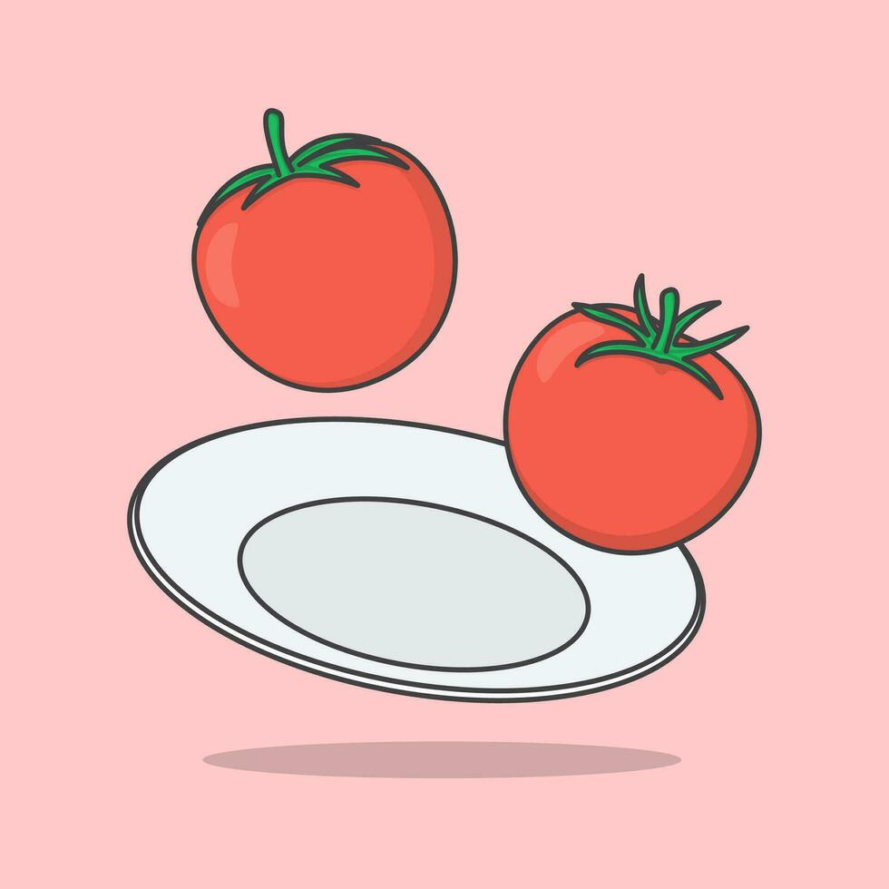 Red Tomato On A Plate Cartoon Vector Illustration. Fresh Red Tomatoes Flat Icon Outline