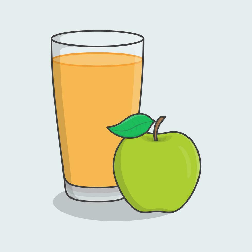 Green Apple Juice With Fruit In Glass Cartoon Vector Illustration. Fresh Apple Juice Flat Icon Outline