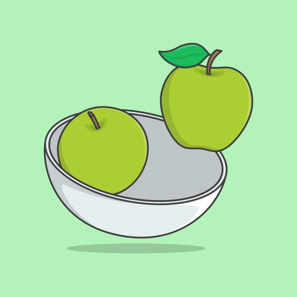 cuenco de verde manzana dibujos animados vector ilustración. manzana Fruta plano icono contorno