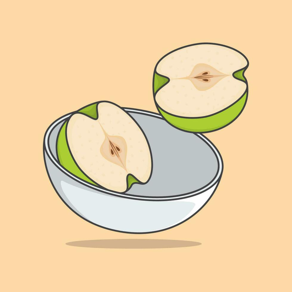 Bowl Of Green Apple Slices Cartoon Vector Illustration. Apple Fruit Flat Icon Outline