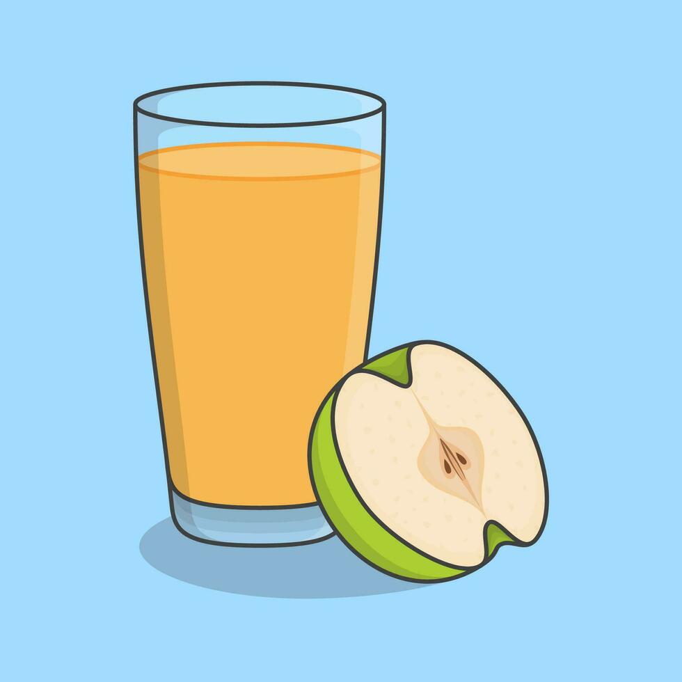 Green Apple Juice With Fruit In Glass Cartoon Vector Illustration. Apple Juice Flat Icon Outline