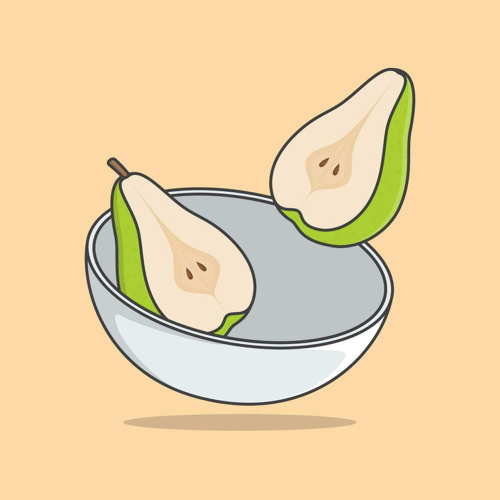 Bowl Of Green Pear Slices Cartoon Vector Illustration. Pear Fruit Flat Icon Outline