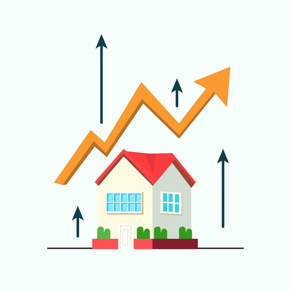 alojamiento precio creciente arriba. real inmuebles inversión o propiedad crecimiento concepto, casa con flecha grafico. aislado vector ilustración