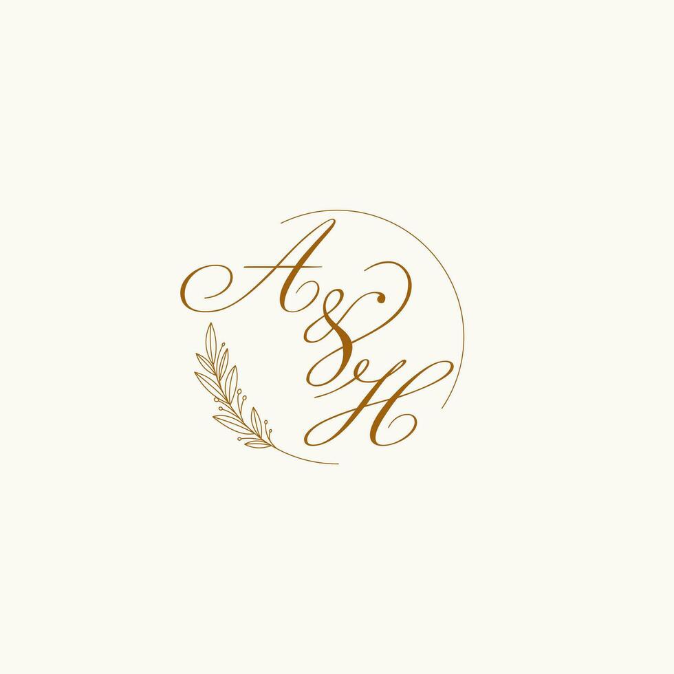 Initials AH wedding monogram logo with leaves and elegant circular lines vector