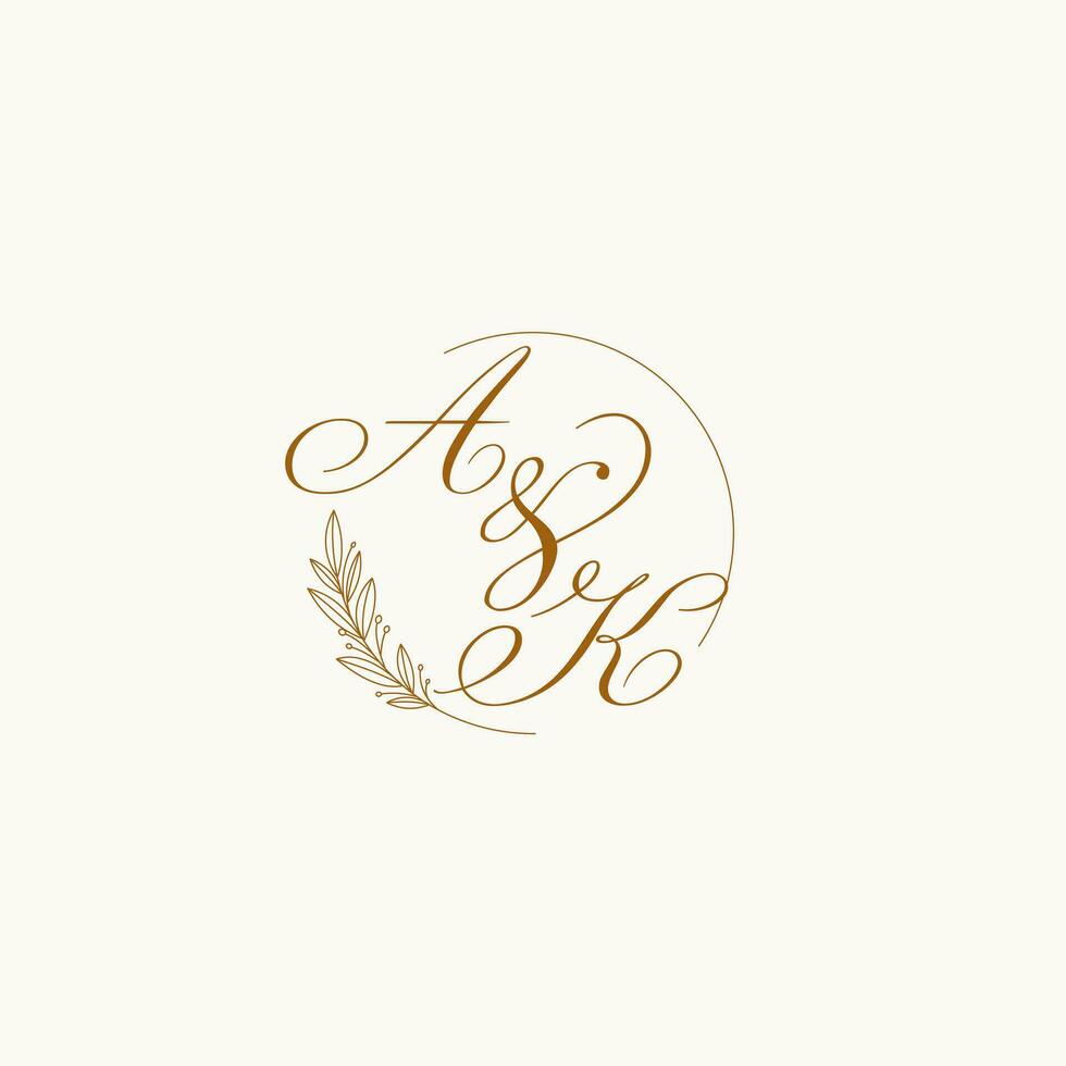 Initials AK wedding monogram logo with leaves and elegant circular lines vector