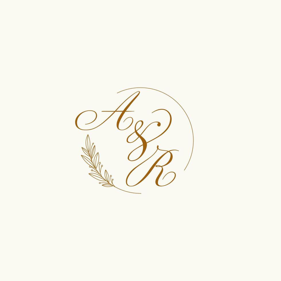 Initials AR wedding monogram logo with leaves and elegant circular lines vector