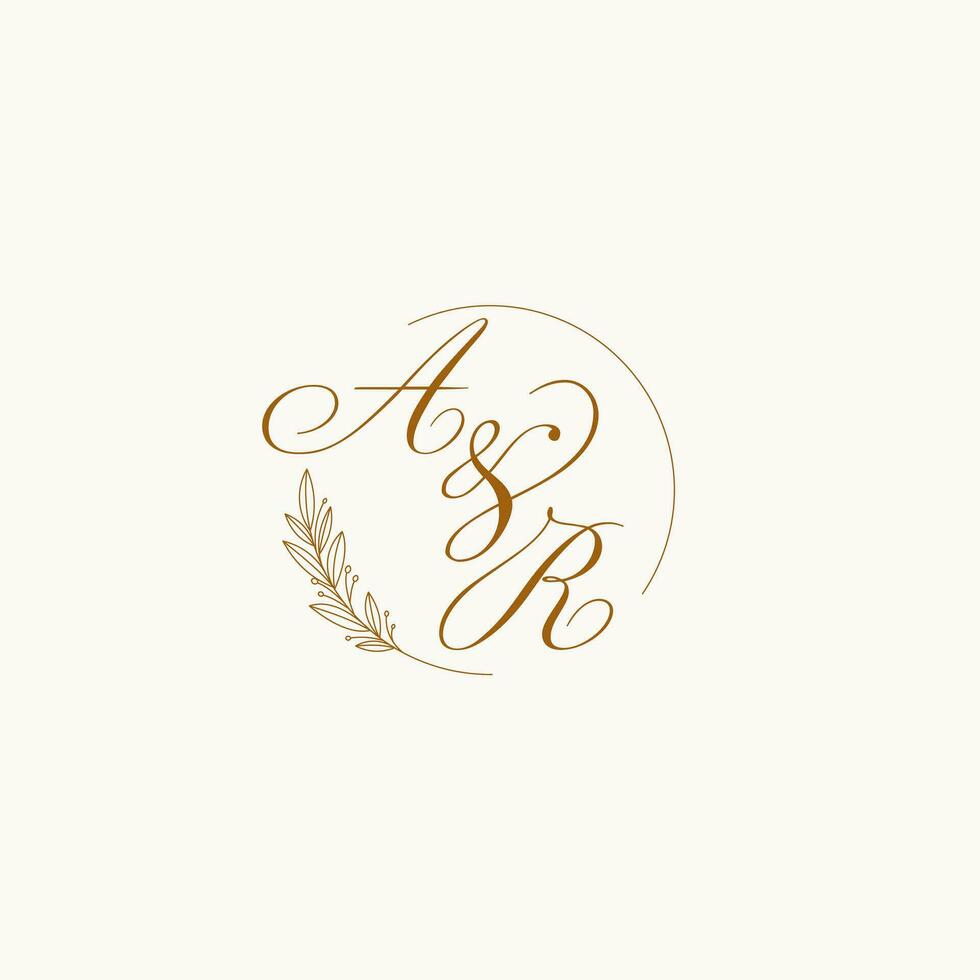 Initials AR wedding monogram logo with leaves and elegant circular lines vector