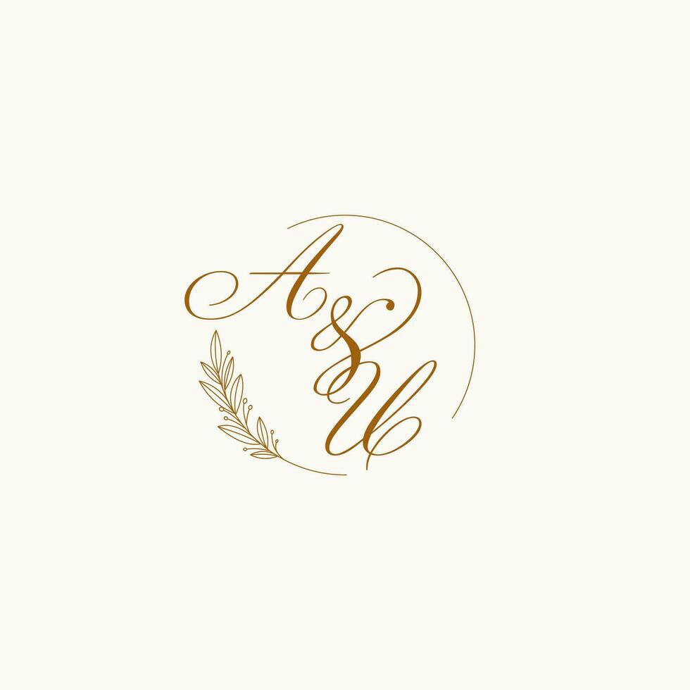 Initials AU wedding monogram logo with leaves and elegant circular lines vector