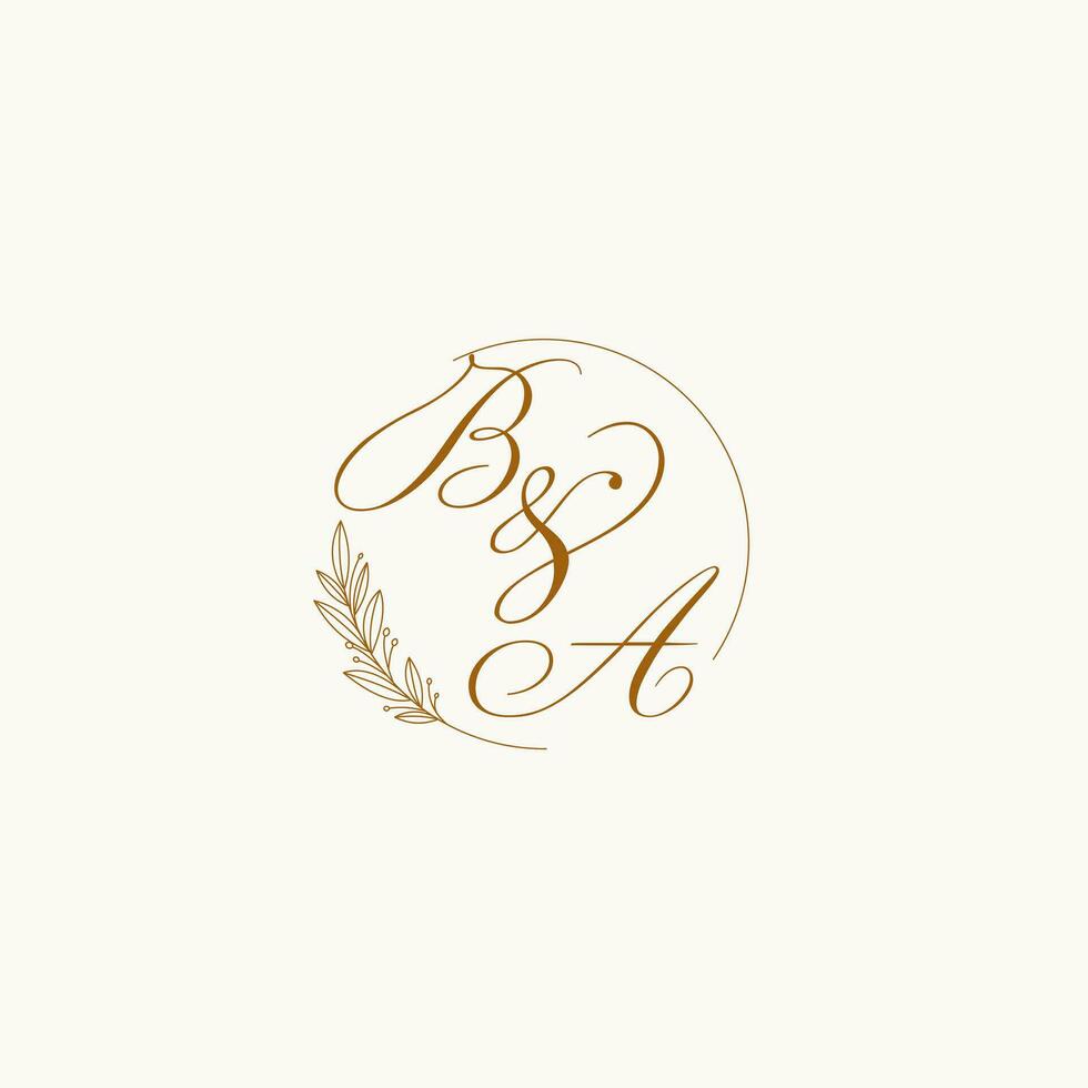 Initials BA wedding monogram logo with leaves and elegant circular lines vector