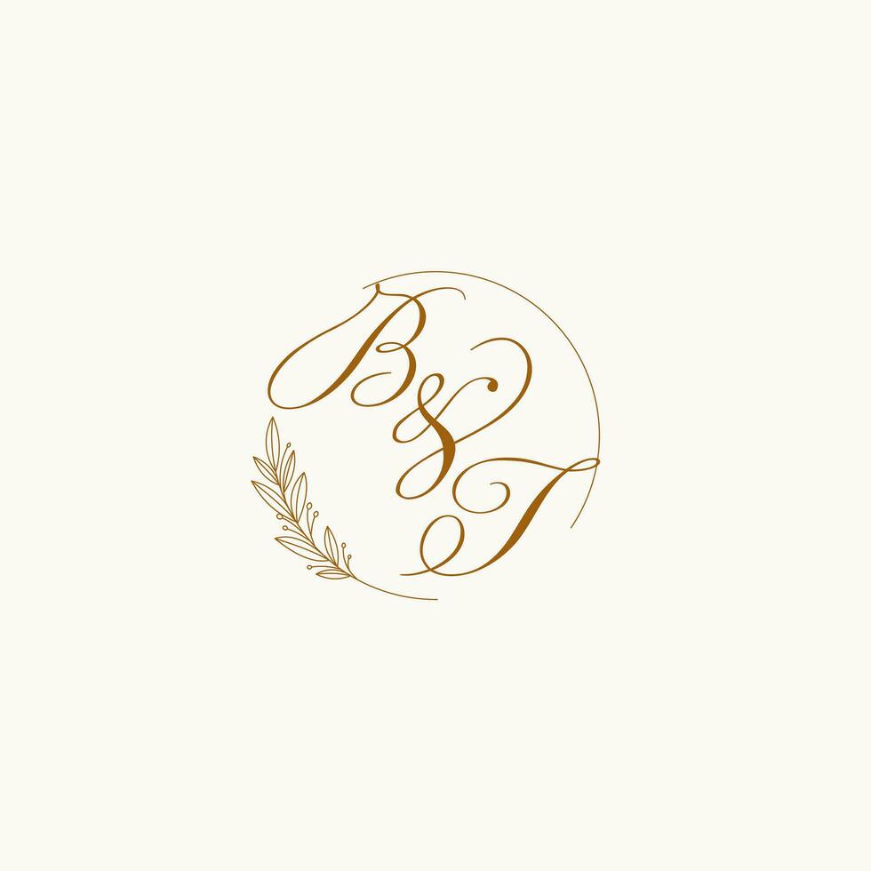 Initials BT wedding monogram logo with leaves and elegant circular lines vector