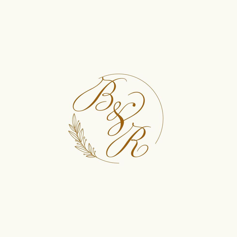 Initials BR wedding monogram logo with leaves and elegant circular lines vector