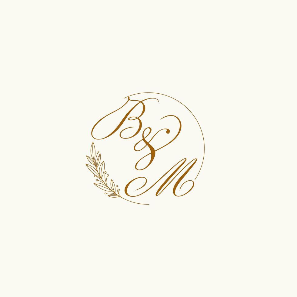 Initials BM wedding monogram logo with leaves and elegant circular lines vector