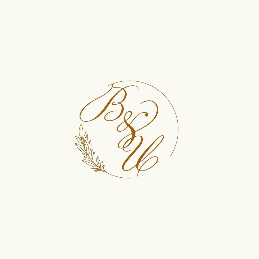 Initials BU wedding monogram logo with leaves and elegant circular lines vector