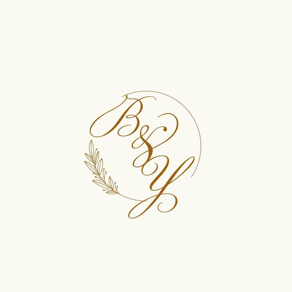 Initials BY wedding monogram logo with leaves and elegant circular lines vector