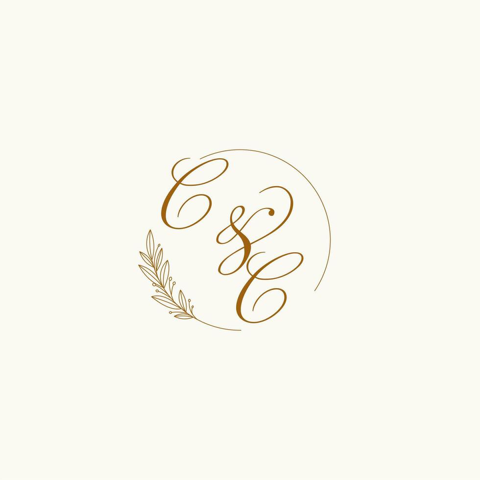 Initials CC wedding monogram logo with leaves and elegant circular lines vector