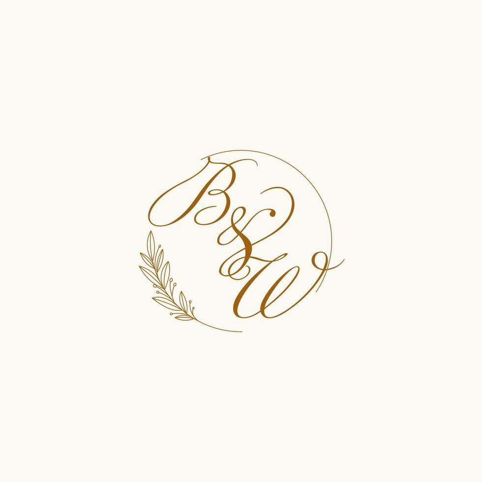 Initials BW wedding monogram logo with leaves and elegant circular lines vector