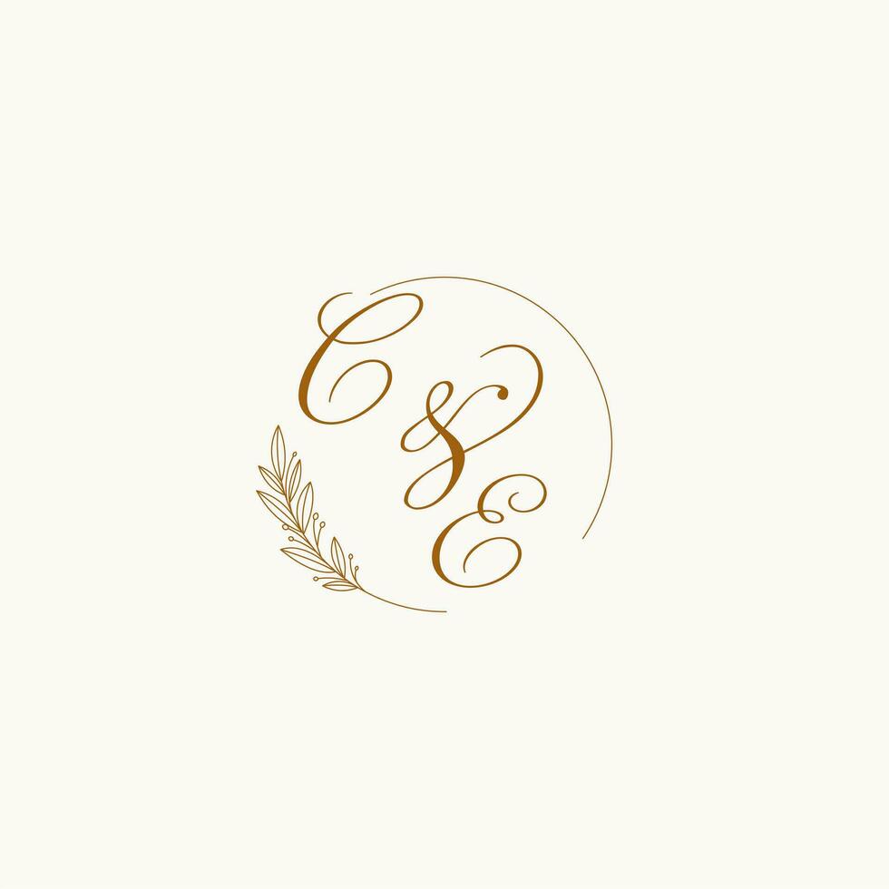 Initials CE wedding monogram logo with leaves and elegant circular lines vector