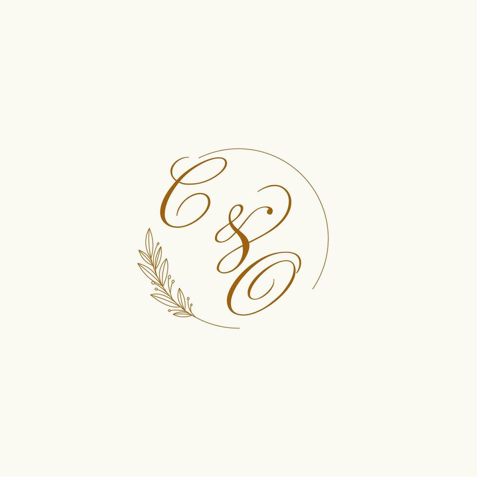 Initials CO wedding monogram logo with leaves and elegant circular lines vector