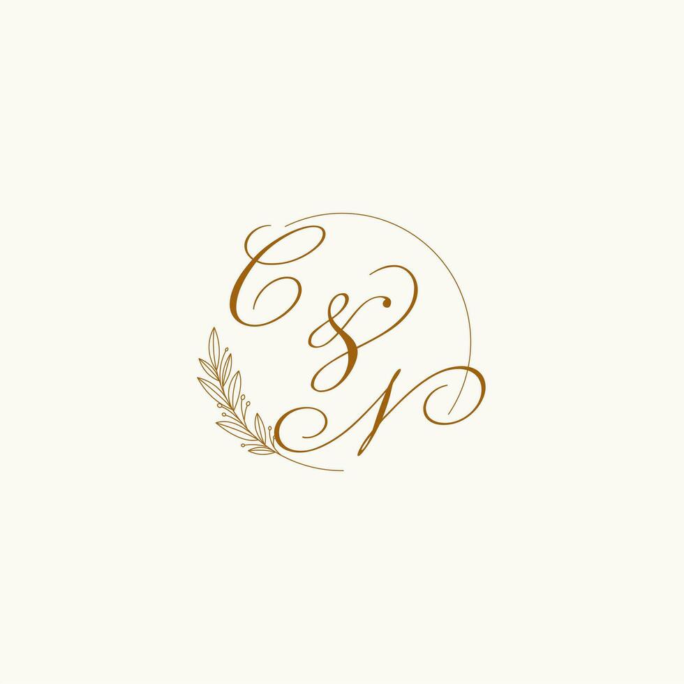 Initials CN wedding monogram logo with leaves and elegant circular lines vector