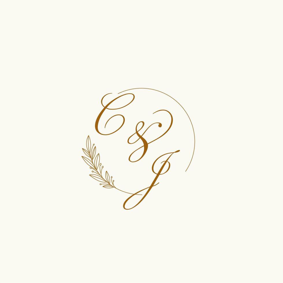 Initials CJ wedding monogram logo with leaves and elegant circular lines vector