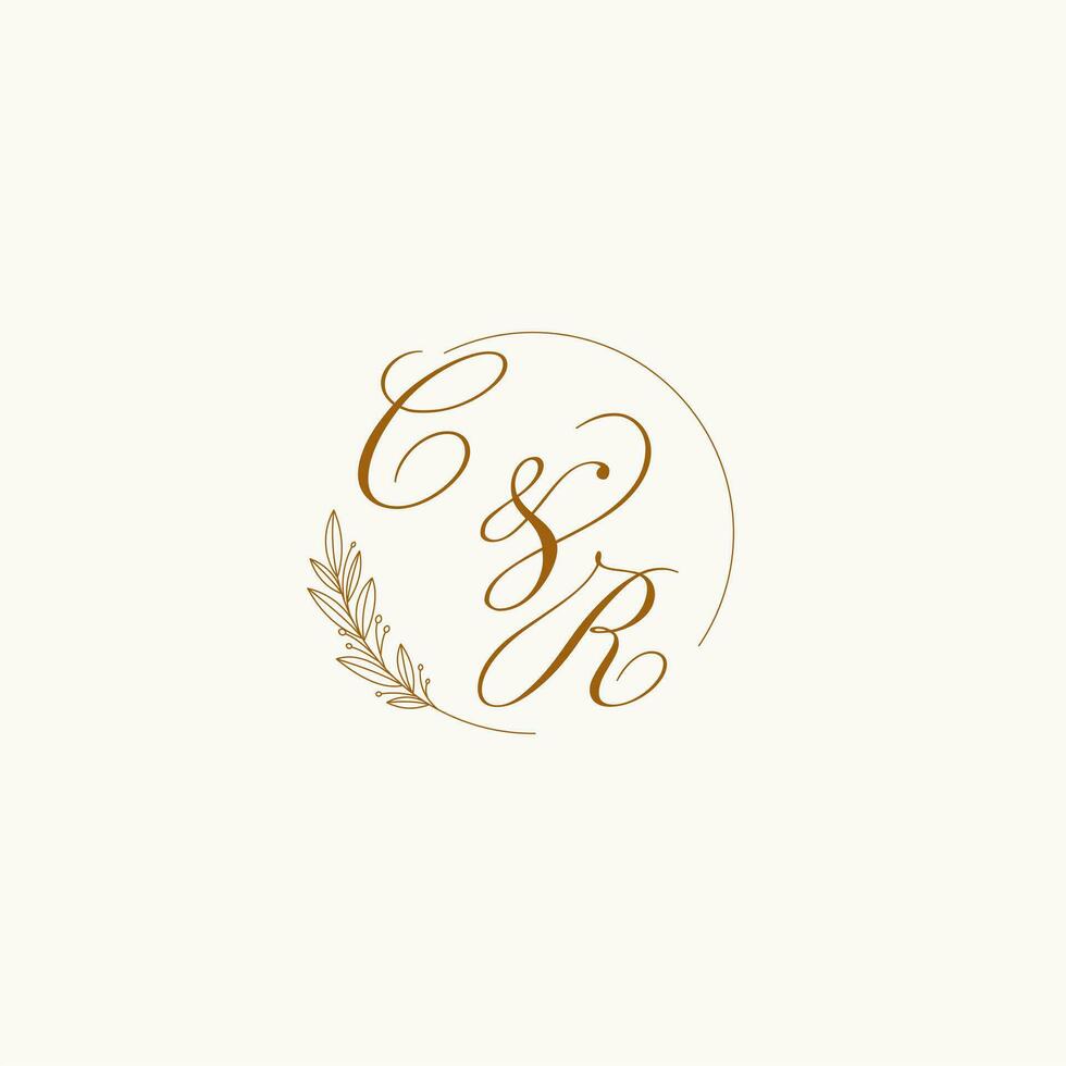 Initials CR wedding monogram logo with leaves and elegant circular lines vector