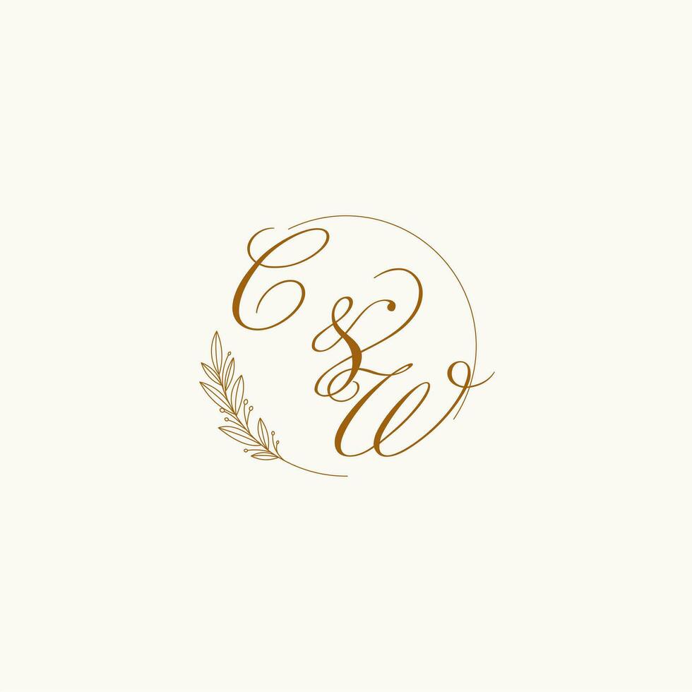Initials CW wedding monogram logo with leaves and elegant circular lines vector