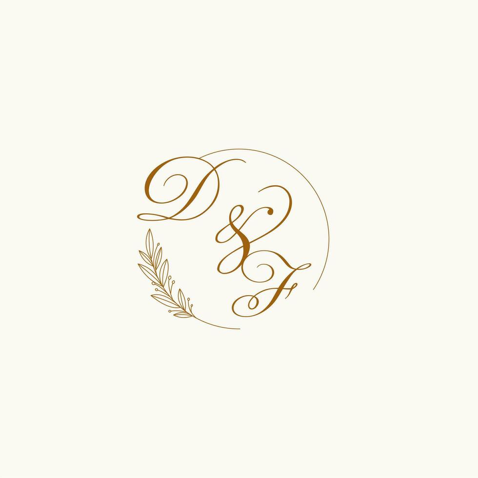 Initials DF wedding monogram logo with leaves and elegant circular lines vector
