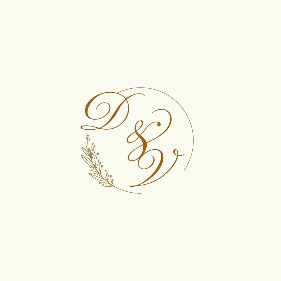 Initials DV wedding monogram logo with leaves and elegant circular lines vector