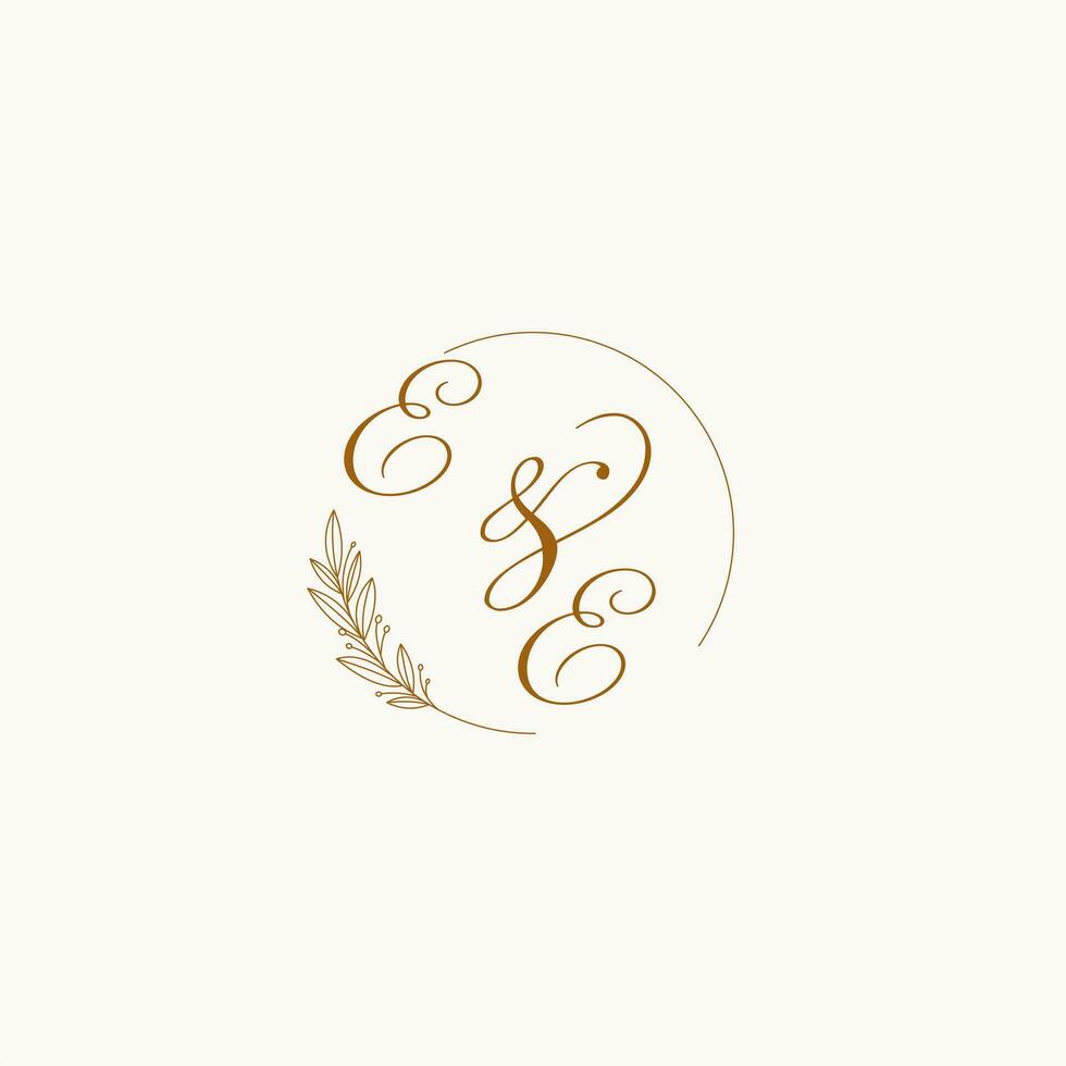 Initials EE wedding monogram logo with leaves and elegant circular lines vector